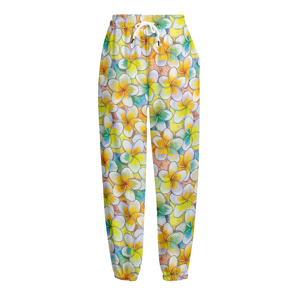 Colorful Frangipani Pattern Print Fleece Lined Knit Pants