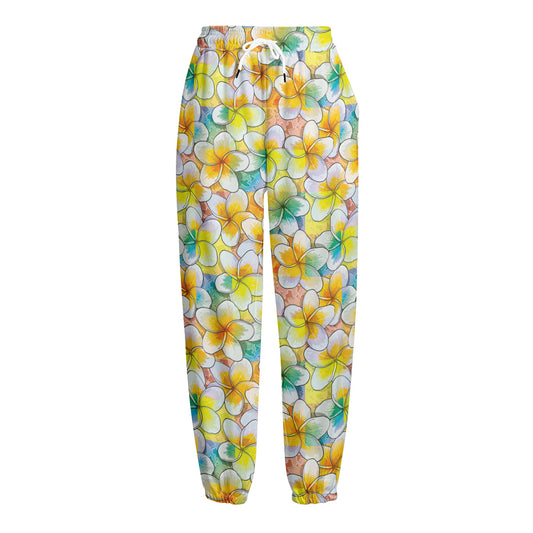 Colorful Frangipani Pattern Print Fleece Lined Knit Pants