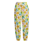 Colorful Frangipani Pattern Print Fleece Lined Knit Pants