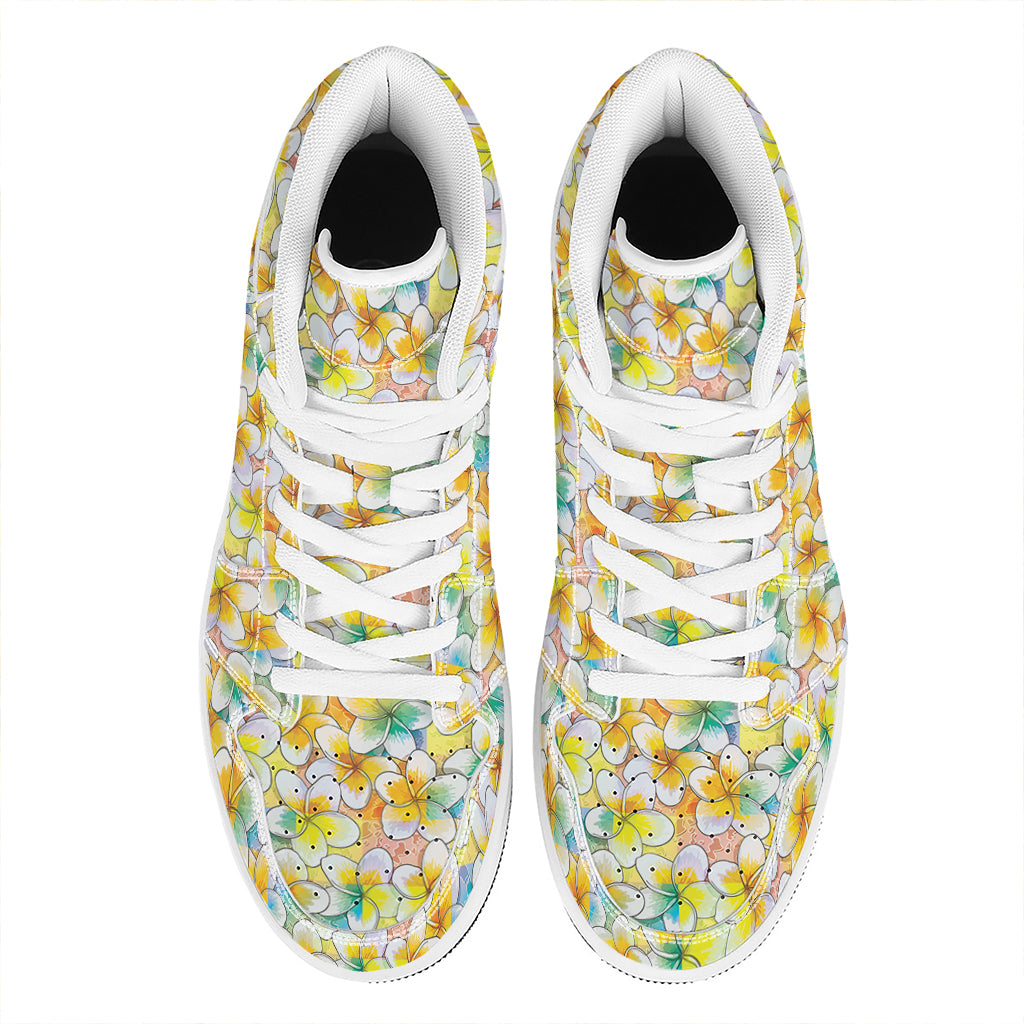Colorful Frangipani Pattern Print High Top Leather Sneakers