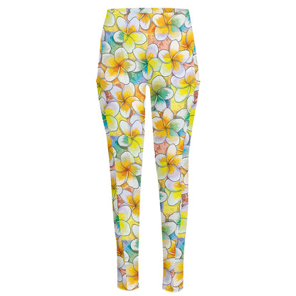 Colorful Frangipani Pattern Print High-Waisted Pocket Leggings