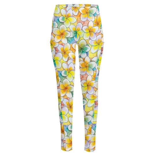 Colorful Frangipani Pattern Print High-Waisted Pocket Leggings
