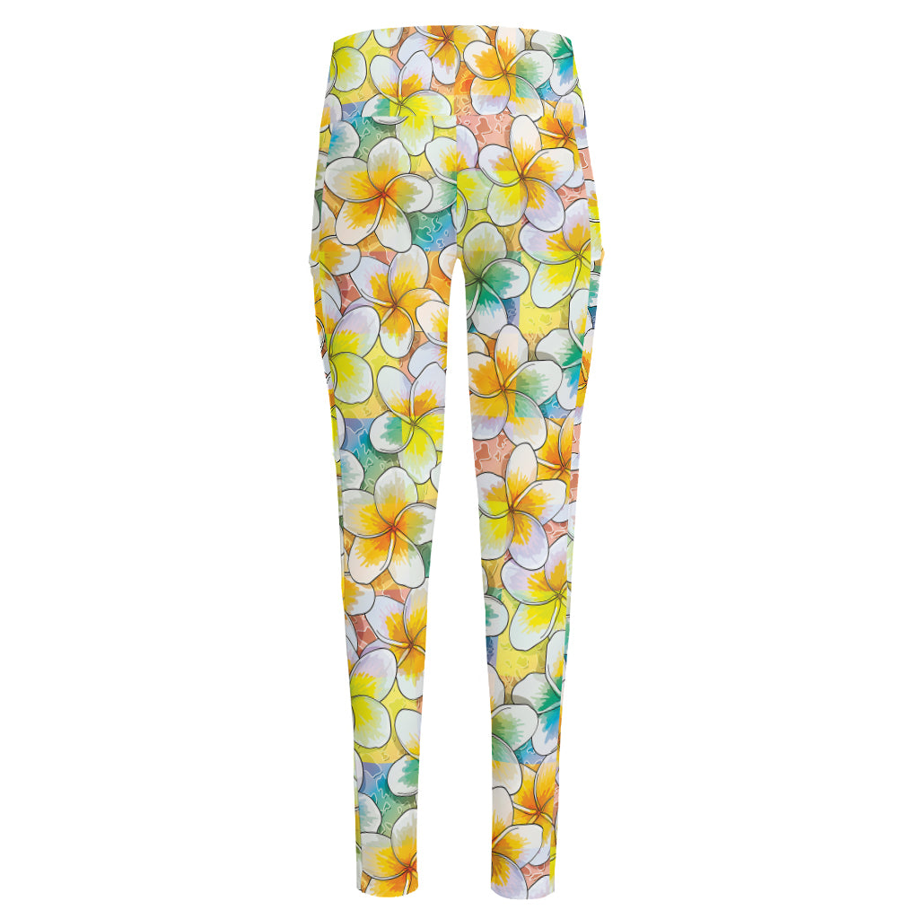 Colorful Frangipani Pattern Print High-Waisted Pocket Leggings