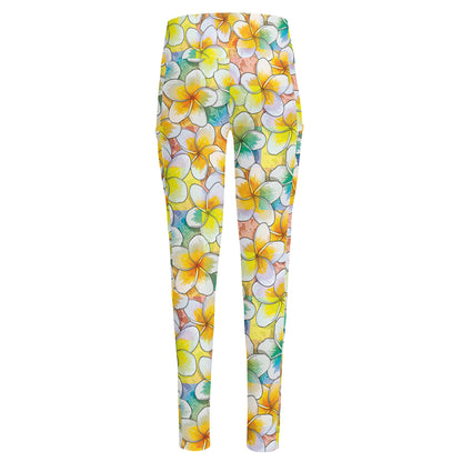 Colorful Frangipani Pattern Print High-Waisted Pocket Leggings
