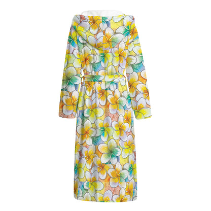 Colorful Frangipani Pattern Print Hooded Bathrobe
