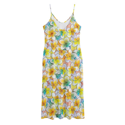 Colorful Frangipani Pattern Print Jersey Midi Cami Dress
