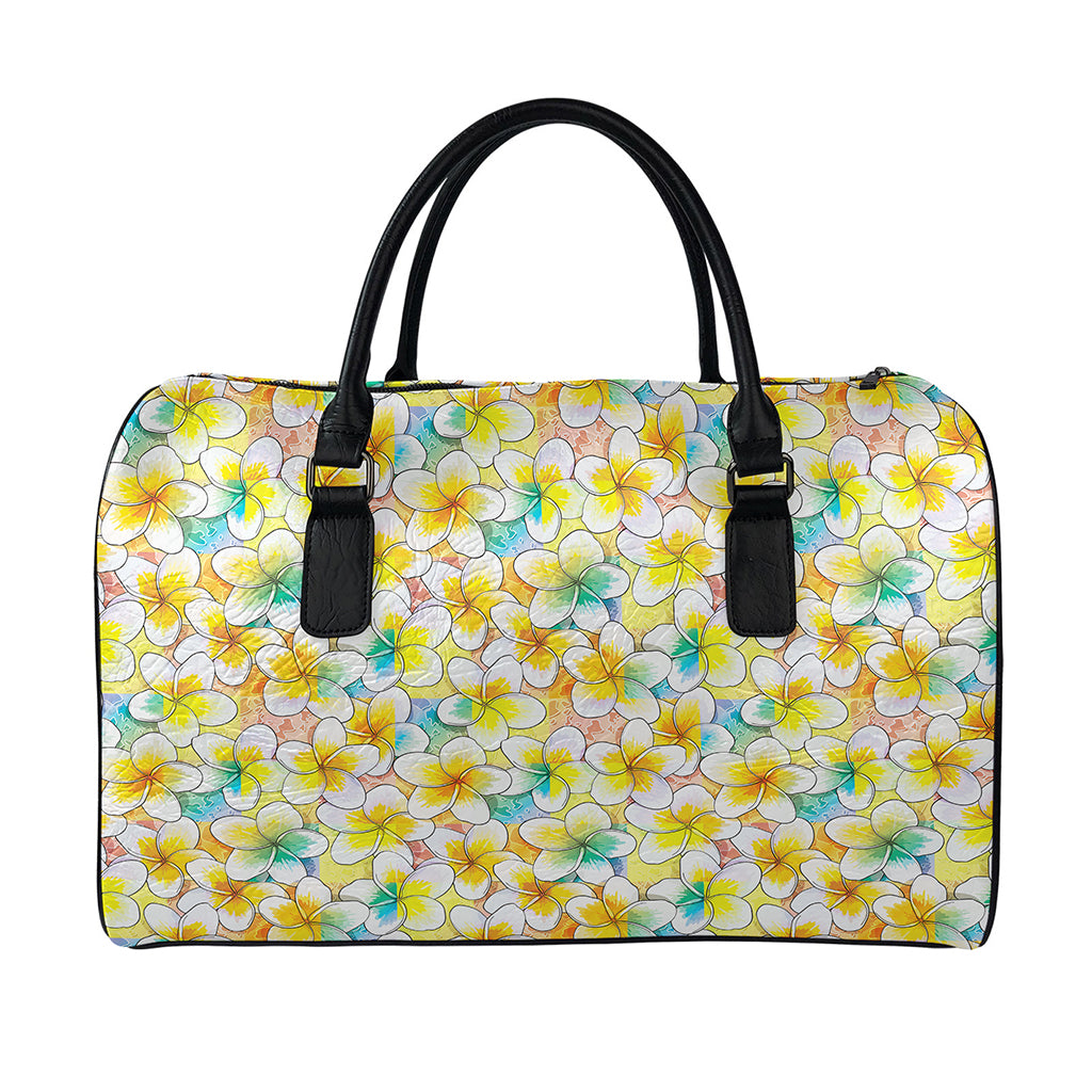 Colorful Frangipani Pattern Print Leather Duffle Bag