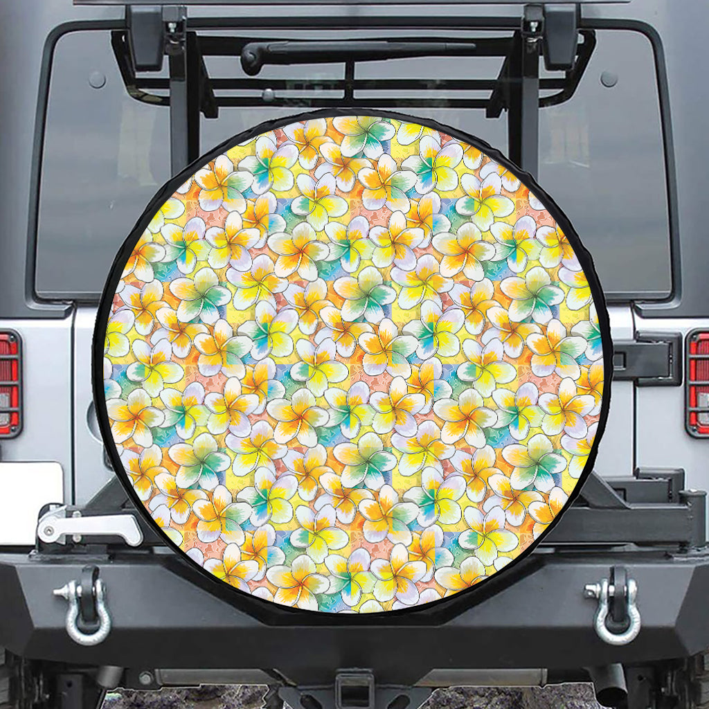 Colorful Frangipani Pattern Print Leather Spare Tire Cover