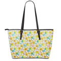 Colorful Frangipani Pattern Print Leather Tote Bag With Zipper