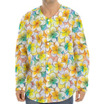 Colorful Frangipani Pattern Print Long Sleeve Baseball Jersey