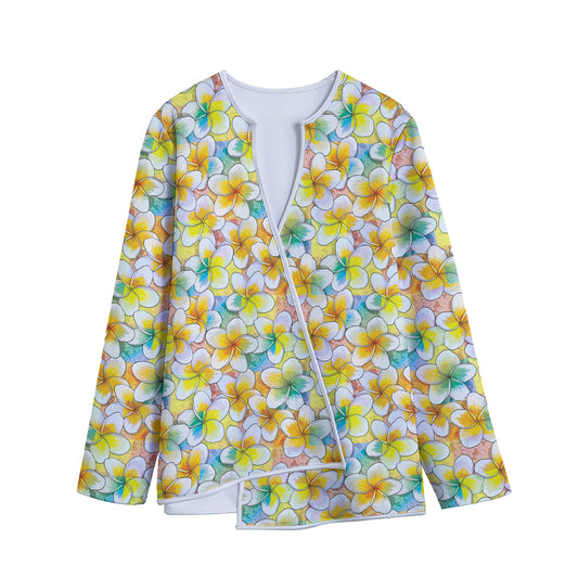 Colorful Frangipani Pattern Print Long Sleeve Short Coat