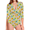 Colorful Frangipani Pattern Print Long Sleeve Swimsuit