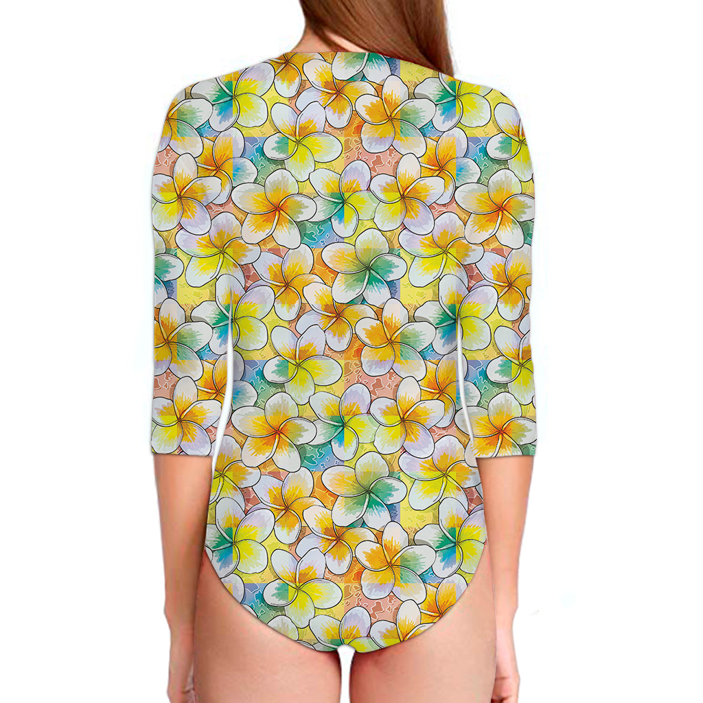 Colorful Frangipani Pattern Print Long Sleeve Swimsuit