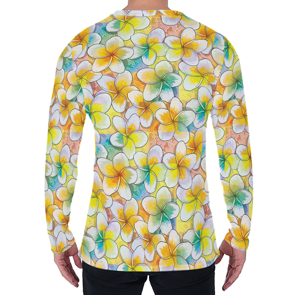 Colorful Frangipani Pattern Print Men's Long Sleeve T-Shirt