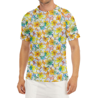 Colorful Frangipani Pattern Print Men's Short Sleeve Rash Guard