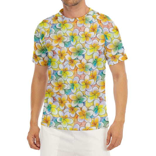 Colorful Frangipani Pattern Print Men's Short Sleeve Rash Guard