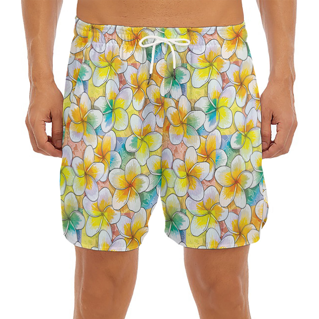 Colorful Frangipani Pattern Print Men's Split Running Shorts