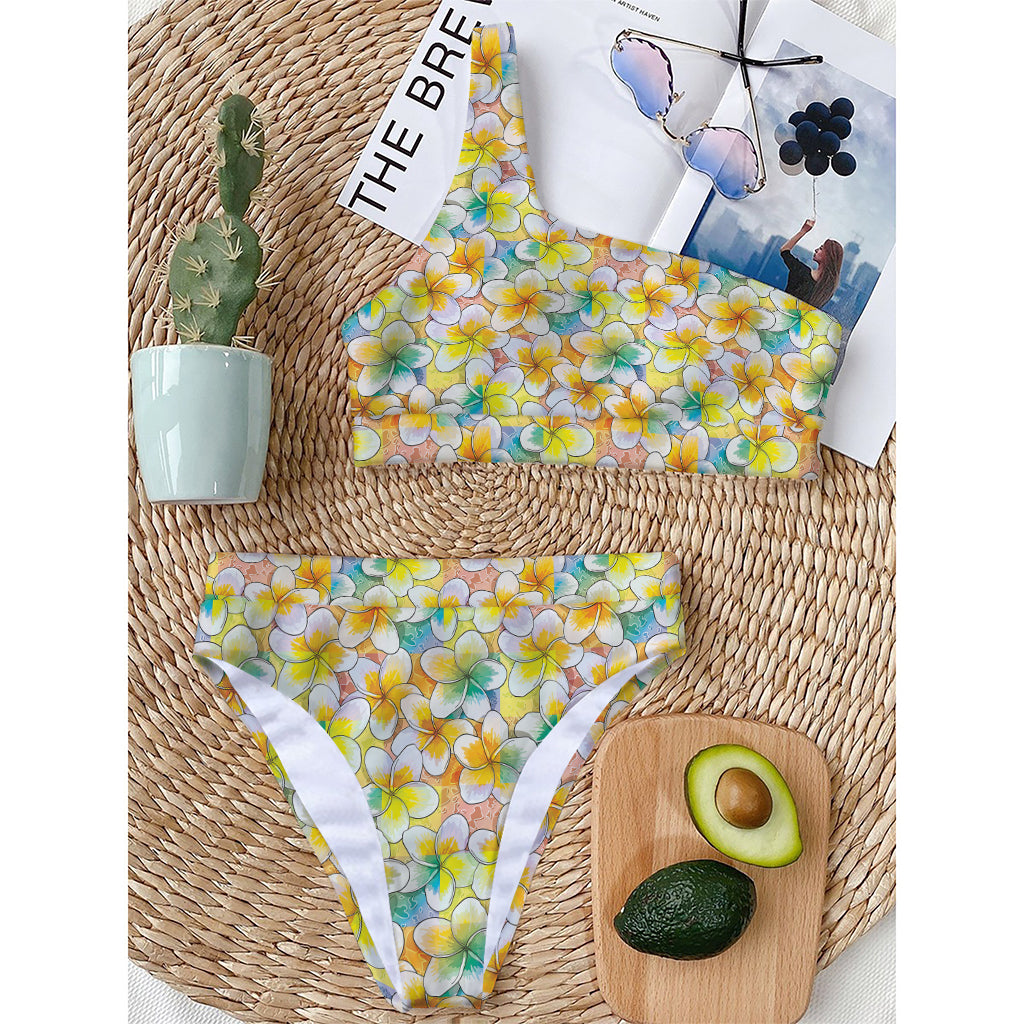 Colorful Frangipani Pattern Print One Shoulder Bikini Top