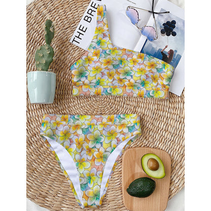 Colorful Frangipani Pattern Print One Shoulder Bikini Top