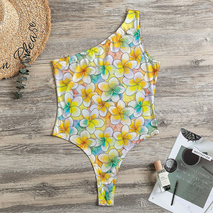 Colorful Frangipani Pattern Print One Shoulder Bodysuit