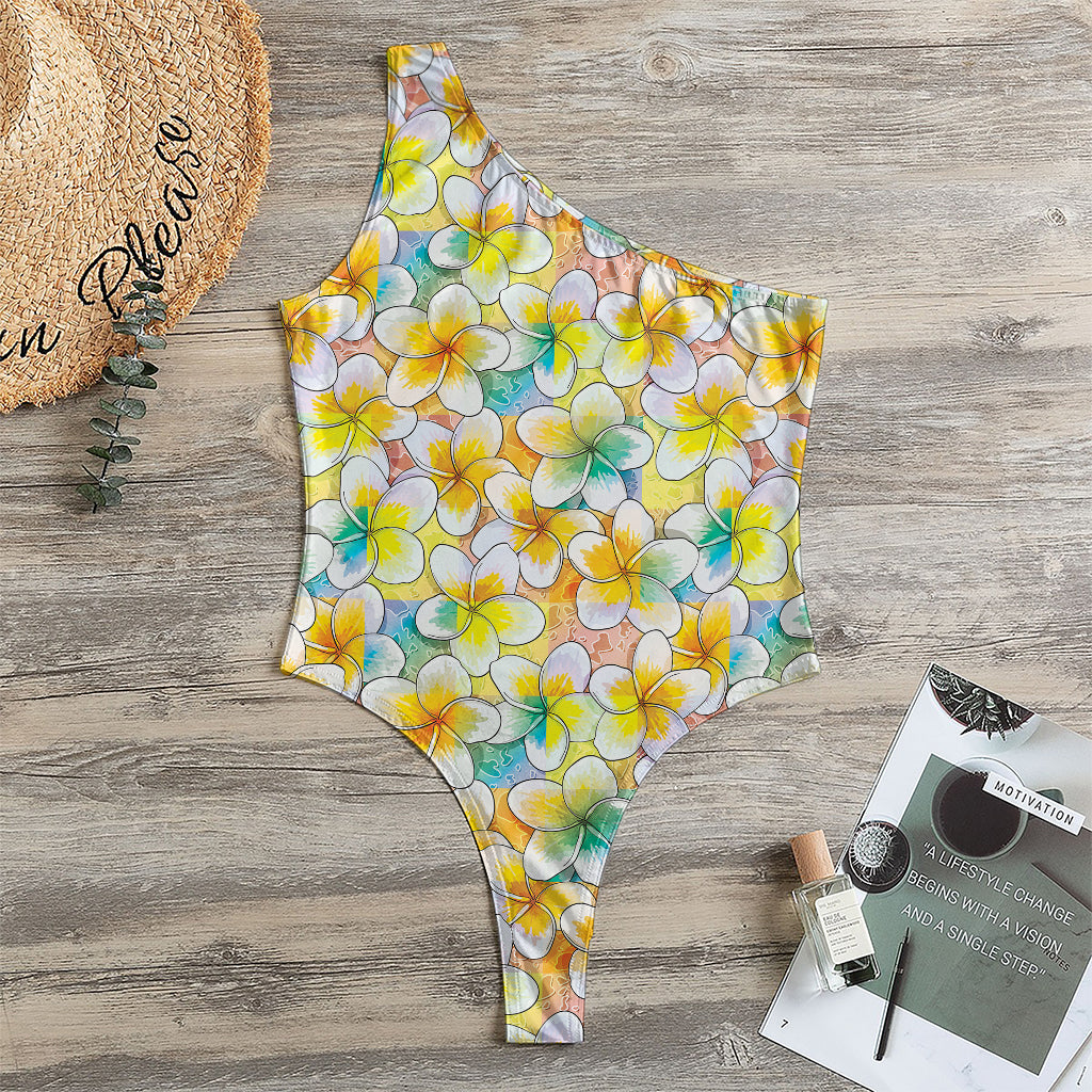 Colorful Frangipani Pattern Print One Shoulder Bodysuit