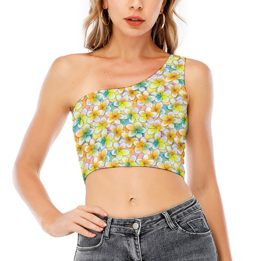 Colorful Frangipani Pattern Print One Shoulder Crop Top