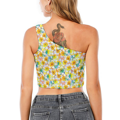 Colorful Frangipani Pattern Print One Shoulder Crop Top