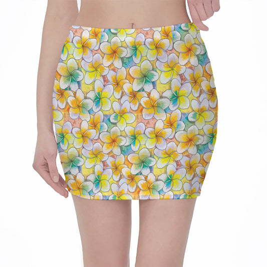 Colorful Frangipani Pattern Print Pencil Mini Skirt