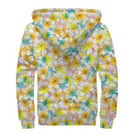 Colorful Frangipani Pattern Print Sherpa Lined Zip Up Hoodie
