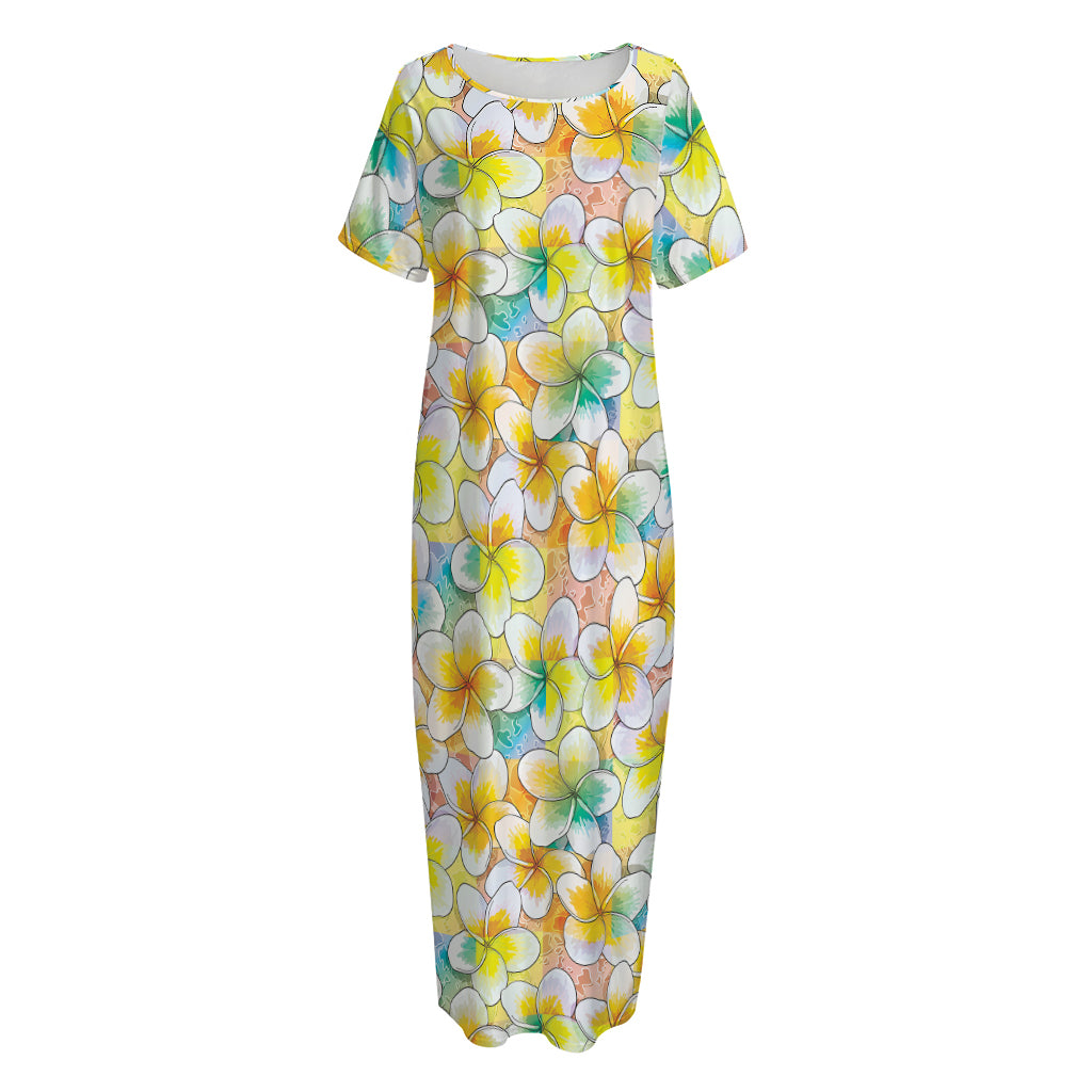 Colorful Frangipani Pattern Print Short Sleeve Long Nightdress