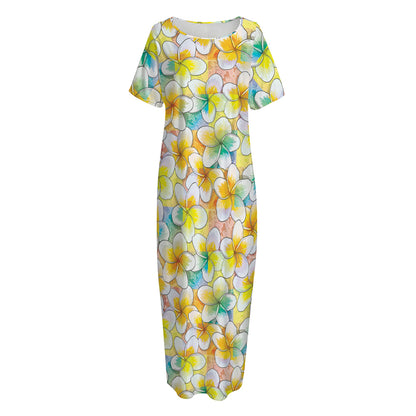 Colorful Frangipani Pattern Print Short Sleeve Long Nightdress