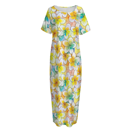 Colorful Frangipani Pattern Print Short Sleeve Long Nightdress