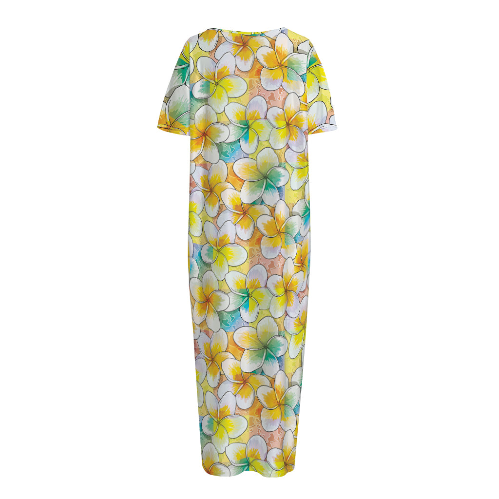 Colorful Frangipani Pattern Print Short Sleeve Long Nightdress