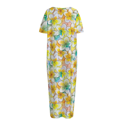 Colorful Frangipani Pattern Print Short Sleeve Long Nightdress