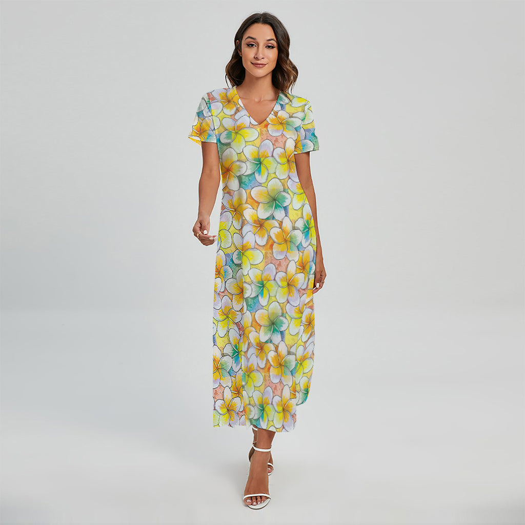 Colorful Frangipani Pattern Print Short Sleeve Maxi Dress