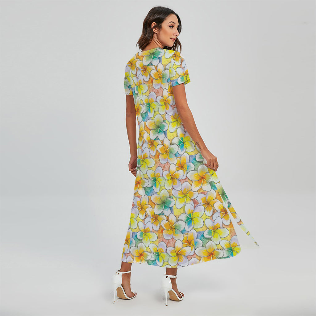 Colorful Frangipani Pattern Print Short Sleeve Maxi Dress