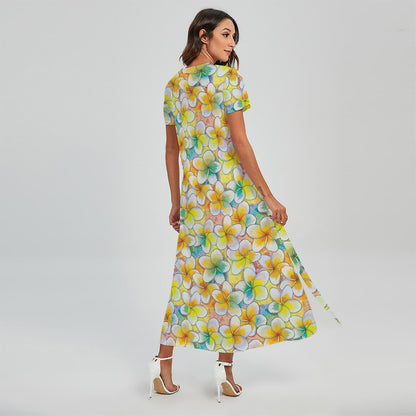 Colorful Frangipani Pattern Print Short Sleeve Maxi Dress