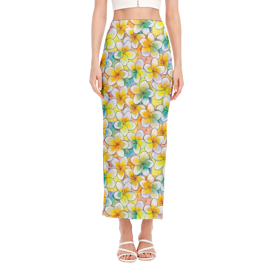 Colorful Frangipani Pattern Print Side Slit Maxi Skirt