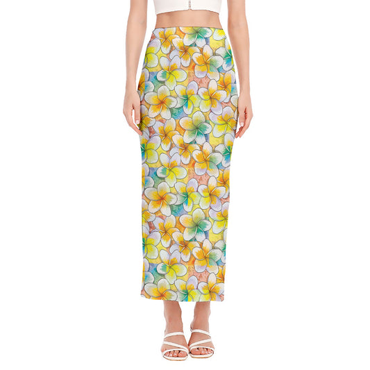 Colorful Frangipani Pattern Print Side Slit Maxi Skirt