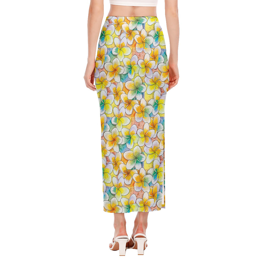 Colorful Frangipani Pattern Print Side Slit Maxi Skirt