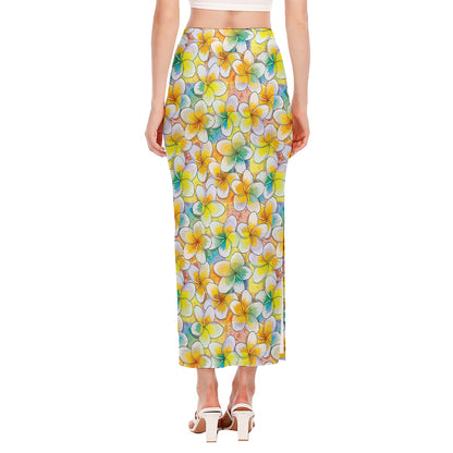 Colorful Frangipani Pattern Print Side Slit Maxi Skirt