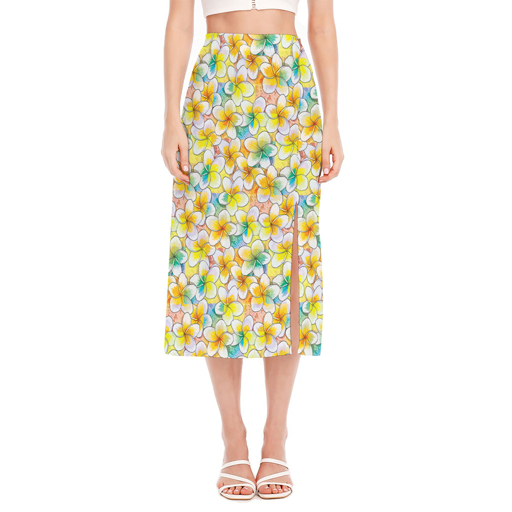 Colorful Frangipani Pattern Print Side Slit Midi Skirt