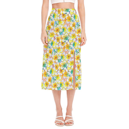 Colorful Frangipani Pattern Print Side Slit Midi Skirt