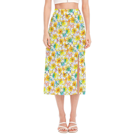 Colorful Frangipani Pattern Print Side Slit Midi Skirt