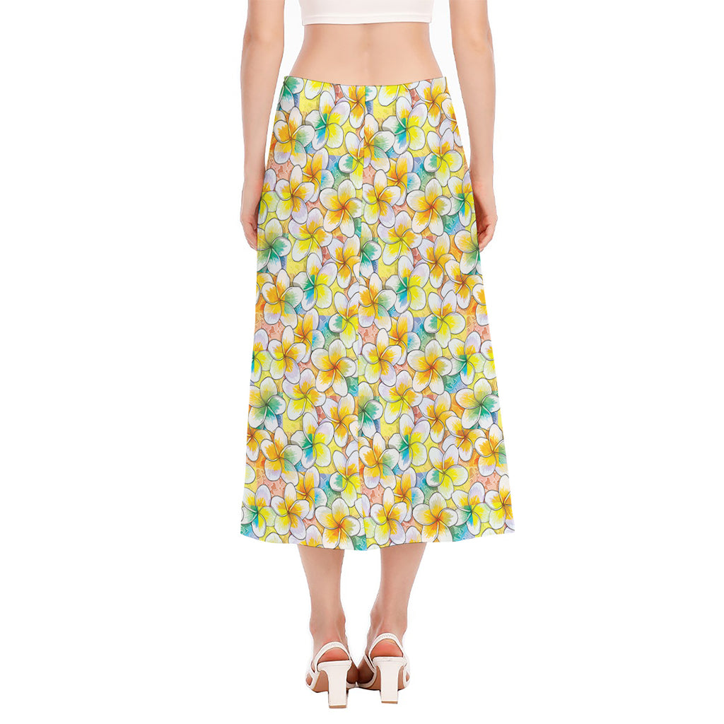 Colorful Frangipani Pattern Print Side Slit Midi Skirt