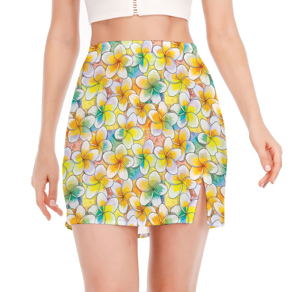 Colorful Frangipani Pattern Print Side Slit Mini Skirt