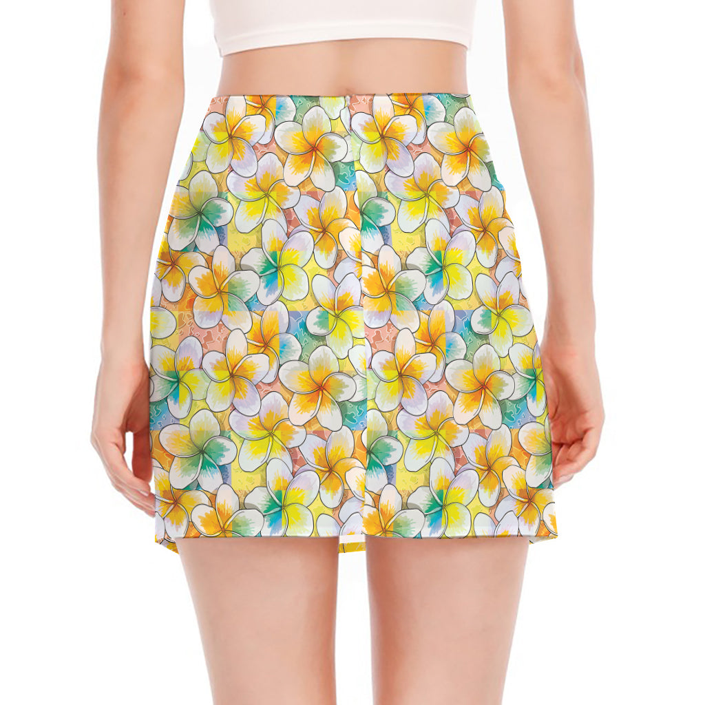 Colorful Frangipani Pattern Print Side Slit Mini Skirt