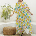 Colorful Frangipani Pattern Print Silk V-Neck Kaftan Dress