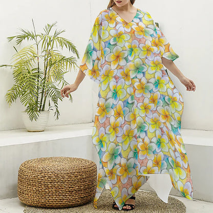Colorful Frangipani Pattern Print Silk V-Neck Kaftan Dress