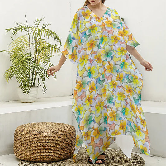 Colorful Frangipani Pattern Print Silk V-Neck Kaftan Dress